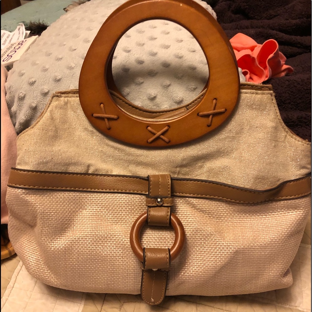 Sparkly Khaki purse with wood handle